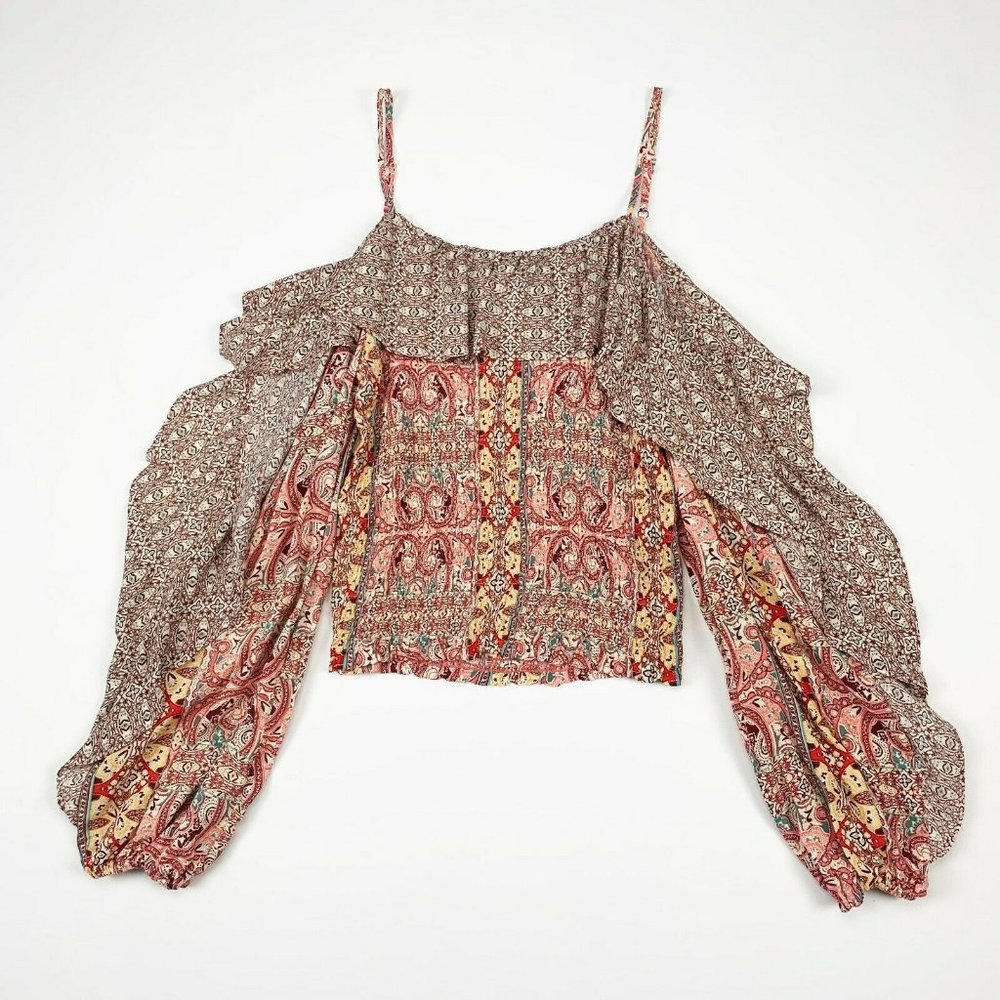 INC Women's Nomad  Geometric Mix Fluffy Long Sleeve Cold Shoulder Top Size Small